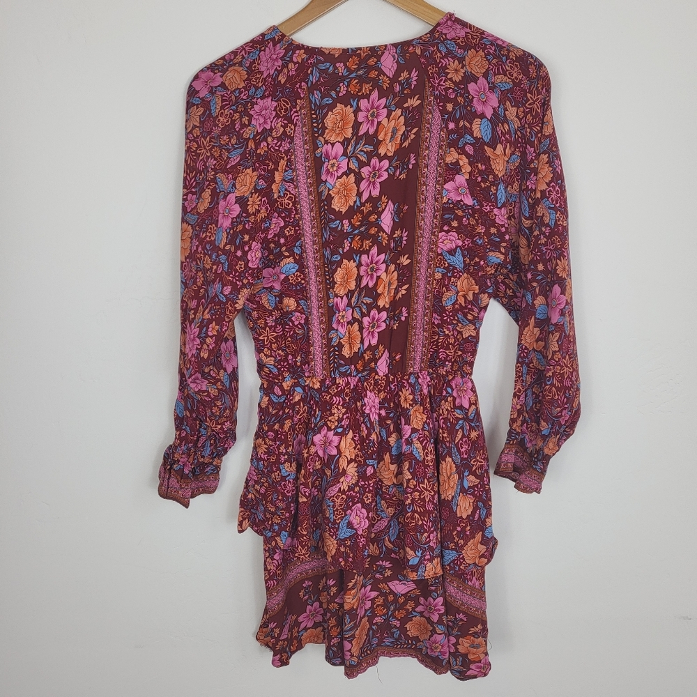 Umgee Maroon Floral Ruffle Long Sleeve Dress Small - Picture 7 of 8